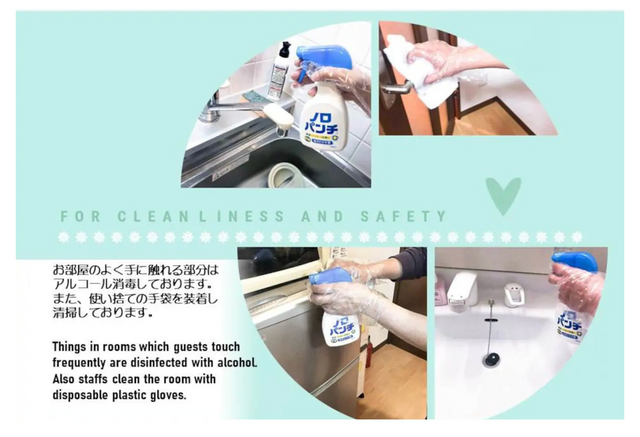 お部屋のよく手に触れる部分はアルコール消毒しております。また、使い捨ての手袋を装着し、清掃しております。
